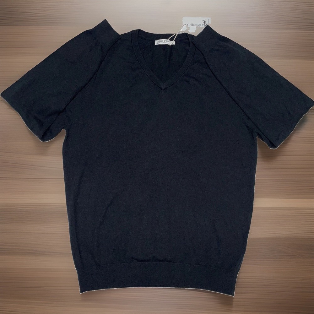 Collars and Co Luxury Touch Cotton Cashmere V-Neck Sweater Black Mens L NWT